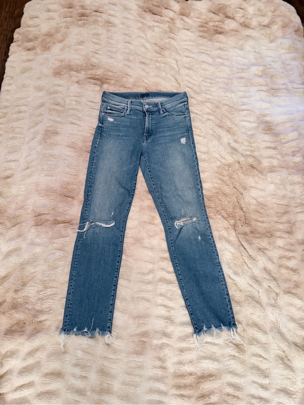 MOTHER Straight-Leg Distressed Blue Jeans